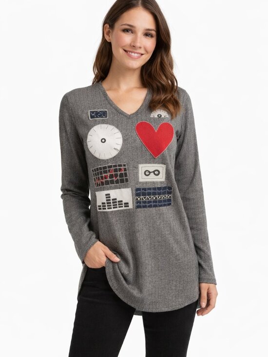YMLA Tops - YMLA Ribbed Tunic Top Vintage Embellished V‑Neck Long Sleeve Gray Black Small